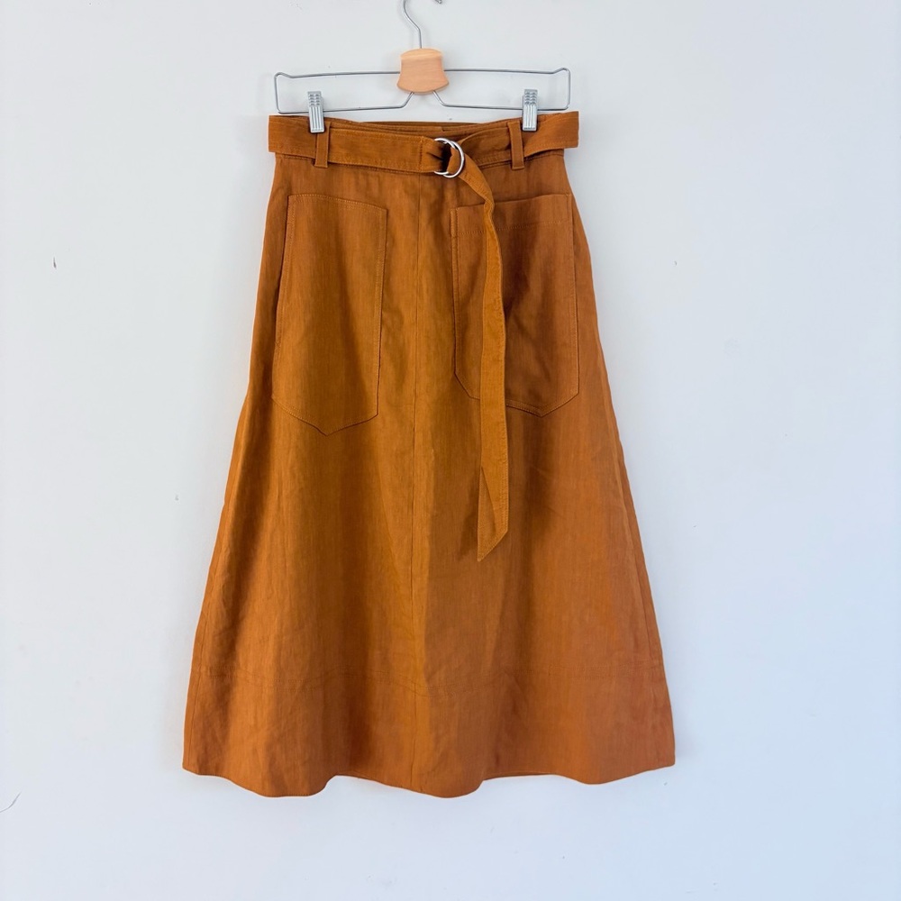 Tibi Linen Blend Belted Midi Skirt in Ochre Orange Brown